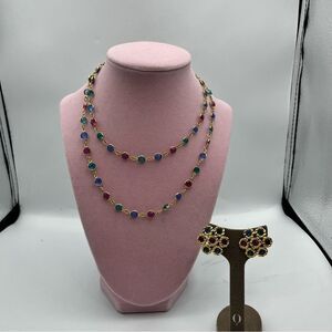 Long Swarovski Gold, pink, blue and green crystal Necklace and earring set